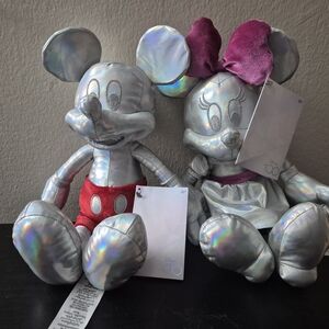 Disney Iridescent Silver Mickey & Minnie Plush Duo with Red and Pink Accents